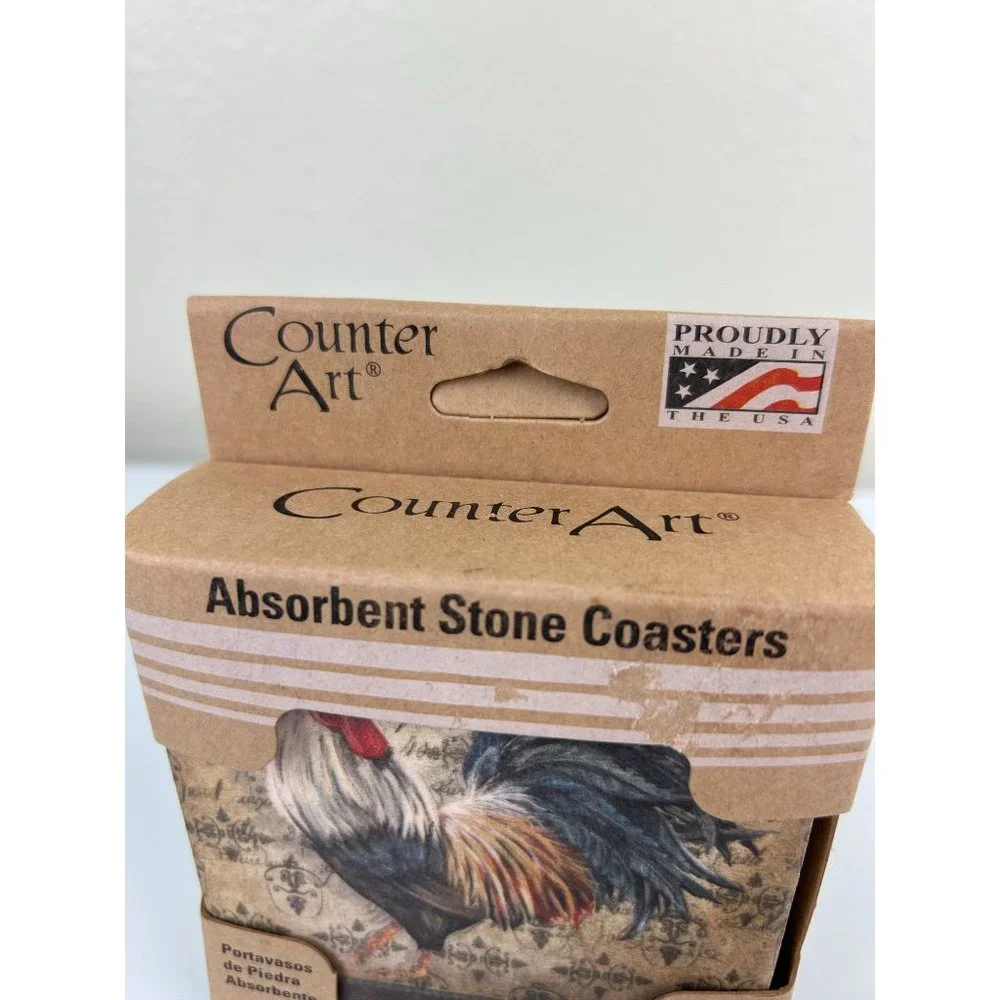 NEW Counter Art Rooster Stone Coasters, Absorbent Cork Backed Farmhouse Gift